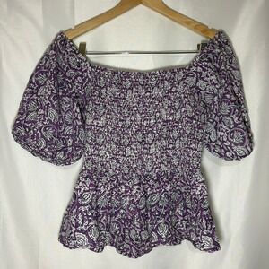 Jennifer & Grace Purple Floral Smocked Peplum Top Puff Sleeve Cotton Womens M